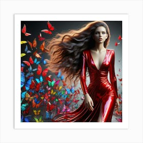 Beautiful Woman In Red Dress With Butterflies 2 Art Print