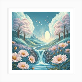 Waterfall With Pink Flowers Art Print