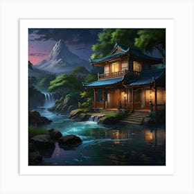 Asian House By The River Art Print