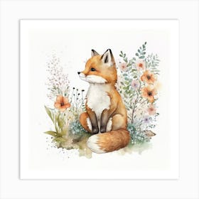 Watercolor Forest Cute Baby Fox Art Print