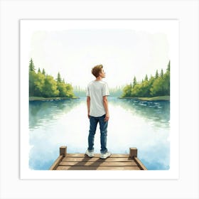 Watercolor Of Justin Bieber Standing On A Dock, Looking Out Over A Lake Art Print