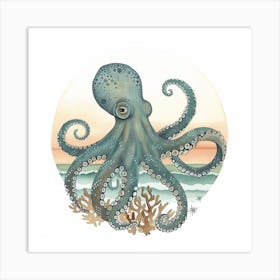 Storybook Style Octopus With Sunset 1 Art Print