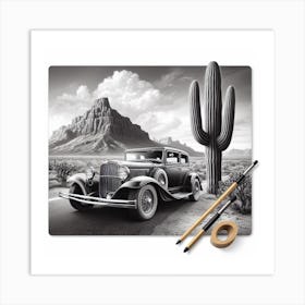 Desert Road: A Nostalgic and Classic Black and White Photograph of a Car, a Cactus, and a Mountain Art Print