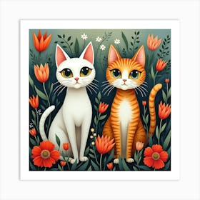 Two Cats In Flowers Art Print