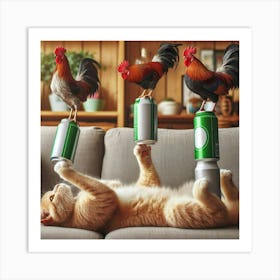 Rooster And Cat Art Print