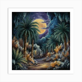 A night in the desert in the middle of a moonlit oasis Art Print