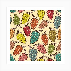 JUICY GRAPES Retro Tossed Plump Ripe Bunches of Grapes in Vintage Retro Red Turquoise Yellow Green Pink Brown on Cream Art Print