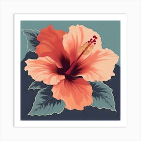 Hibiscus Flower In Pastel Salmon Color With Blue Leaves Art Print