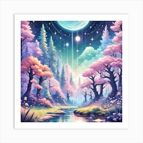 A Fantasy Forest With Twinkling Stars In Pastel Tone Square Composition 92 Art Print