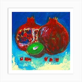 Kiwi And Pomegranates - square red blue kitchen still life Anton Maliar Art Print