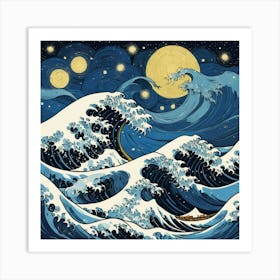 The Great Waves Off Kanagawa Logo At Starry Night Van Gogh Painting 4 Art Print