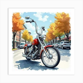 Chopper Bike In A Lively City Street Watercolor Scene 1 Art Print