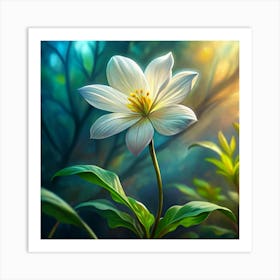 White Flower With Yellow Center In Forest Art Print