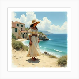 Spanish Woman In A Coastal Village, Watercolor With Sea Tones 1 Art Print