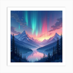 Mystical Aurora Over Enchanted Mountains, Watercolor 1 Art Print