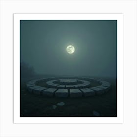 Ancient Rune Covered Stone Circle In A Moonlit, Foggy Landscape 1 Art Print