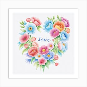 Watercolor Heart With Flowers Art Print