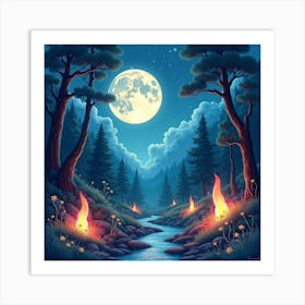 A Watercolor Moonlit Alien Forest With Strange Glowing Plants And Stars 1 Art Print