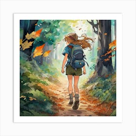 Watercolor Autumn Hike in Forest Landscape Art Print
