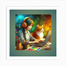 Girl With Cat Working On Laptop Art Print