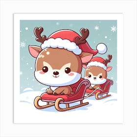 2 Cute Reindeer In A Sleigh Illustration Art Print
