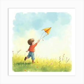 Charming Watercolor Scene Of An Italian Child Flying A Kite In A Sunny Meadow Art Print