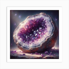 Luminous Oil Painting of Glowing Geode Crystal Cluster Art Print