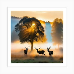 Deer In A Misty Morning Meadow 1 Art Print