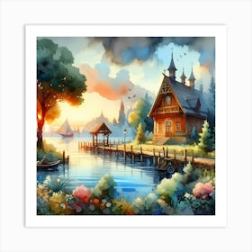 Watercolor House By The Lake 1 Art Print