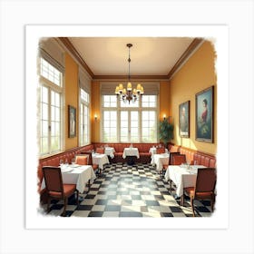 Classic Restaurant Interior In Watercolor, With Checkered Floors And Warm Ambiance Art Print