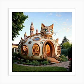 Whimsical House Shaped Like A Giant Cat Playful And Charming Feline Architecture Rising Against A B Art Print