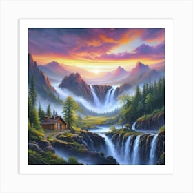 Waterfall In The Mountains Art Print