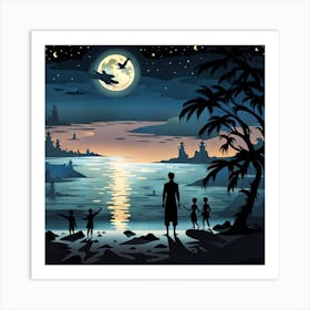 Family At The Beach At Night Art Print