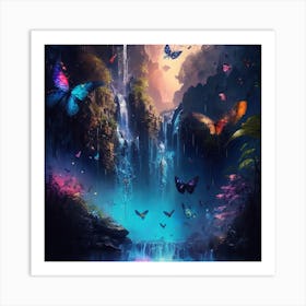Landscape of Waterfall With Butterflies in tropical colors Art Print