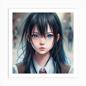 Anime Girl With Blue Eyes And Long Black Art Print