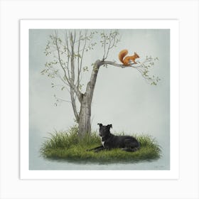 Quiet Encounter Tree, Squirrel, And Dog (2) Art Print