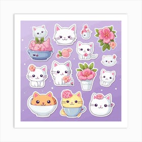 Cats and other elements, Kawaii Cat Art Print