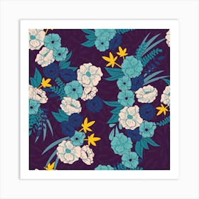 Flower And Floral Pattern On Purple Square Art Print