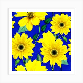 Sunflowers On Blue Background Art Print