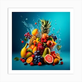 A large pile of fruit with water splashing around it. Art Print