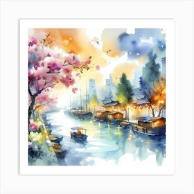 Watercolor Of Chinese City Art Print