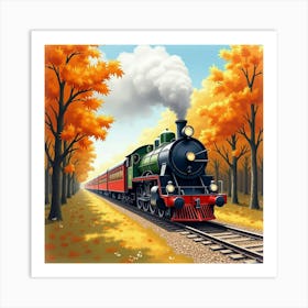 Classic Train Passing Through A Watercolor Painted Autumn Forest 1 Art Print