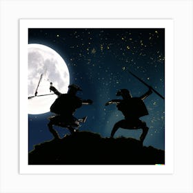 Two Samurai Fighting At Night 1 Art Print