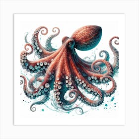 Sea Octopus In Motion, Sea Octopus Watercolour Art Print 1 Art Print