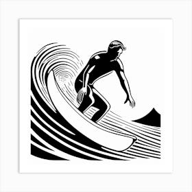 Surfer On A Wave Linocut Black And White Painting, in to the water, surfing Art Print