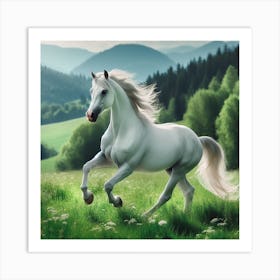 White Horse Galloping In The Meadow Art Print