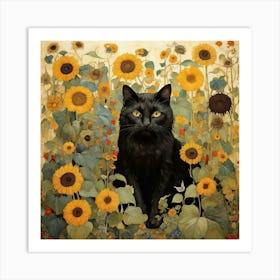 Black Cat In Sunflowers art Art Print