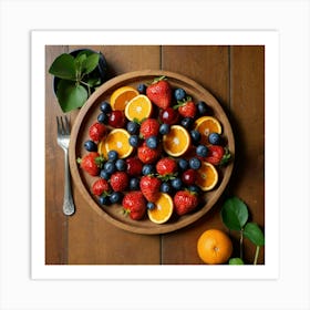 Top Down Shot of strawberries, blueberries, cherries, and oranges arranged symmetrically on a wooden platter. Sitting on a wooden table with leaves and cooking utensils on it 1 Art Print