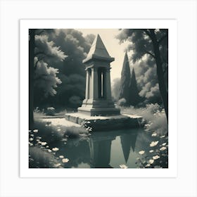 A Grayscale Image Of An Ancient Stone Monument With A Pyramidal Roof, Reflected In A Still Pond In A Quiet, Forested Setting Art Print