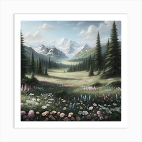 Alpine Meadow With Snow Capped Peaks Vintage  Art Print